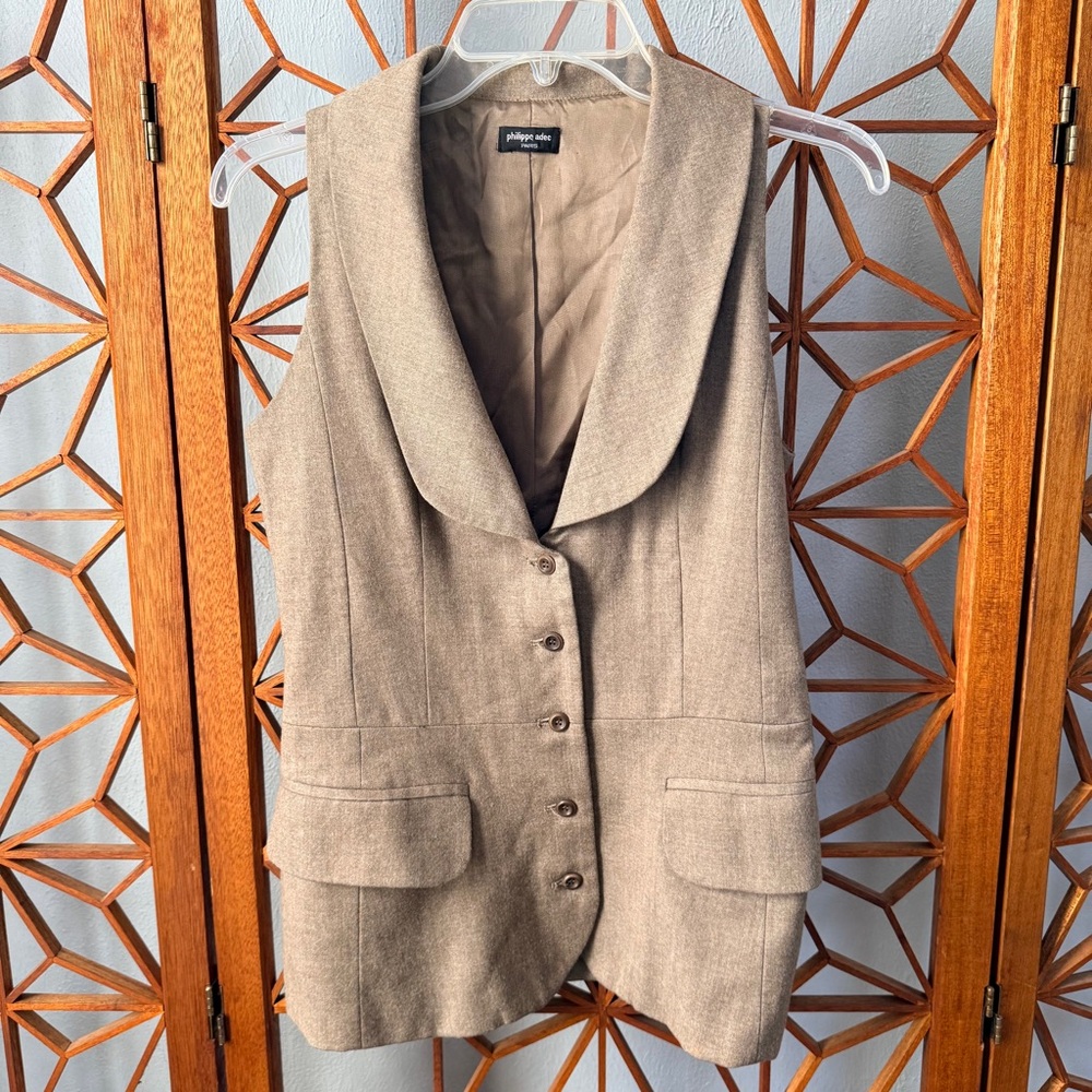 Philippe Adec Paris Taupe 100% Wool Button Down W/pockets Collared Vest Sz 36